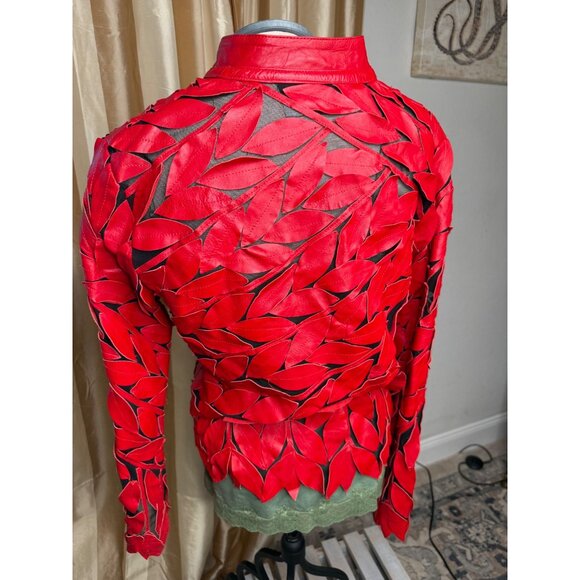 VTG Artsty Mesh Red Black Leather Leaf Applique Studded Designer Jacket Lg Read - Picture 4 of 12